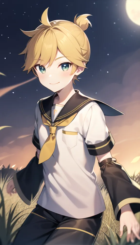 The image shows a young boy with blond hair and green eyes. He is wearing a white shirt with a yellow collar and black pants. The boy is standing in a field of tall grass, and there is a large moon in the sky. The boy has a smile on his face, and he looks happy and carefree.