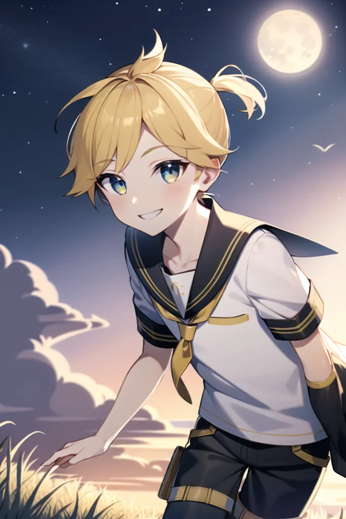 The image is a portrait of a young boy with blond hair and blue eyes. He is wearing a white and blue sailor shirt and black shorts. The boy is standing in a field of grass, and there is a large moon in the sky behind him. The boy has a ponytail and is smiling.