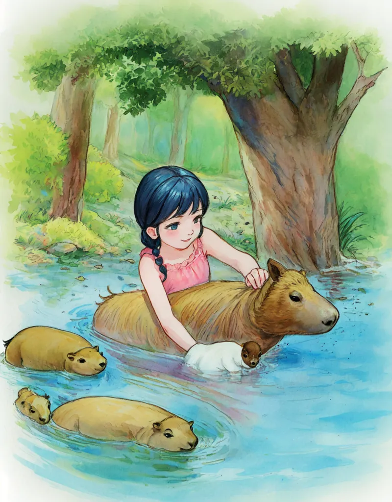 Une fille aux cheveux bleus et vêtue de vêtements roses est en train de baigner un capybara dans une rivière. Le capybara est brun et a un ventre blanc. Il y a quatre autres capybaras dans la rivière, tous de tailles différentes. La fille sourit et a les yeux fermés. Elle porte une robe rose et ses cheveux sont tressés. Le capybara qu'elle baigne est très grand et semble apprécier le bain. Les autres capybaras nagent et jouent. L'arrière-plan de l'image est une forêt avec de nombreux arbres verts.