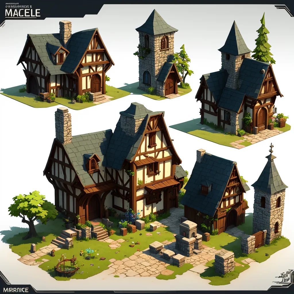 The image shows a set of five medieval houses. They are all half-timbered houses with thatched roofs. The houses are of different sizes and shapes. The largest house has two stories and a tower. The smallest house has one story and a loft. The houses are all surrounded by trees and flowers. There is a well near one of the houses. A path runs through the middle of the houses.