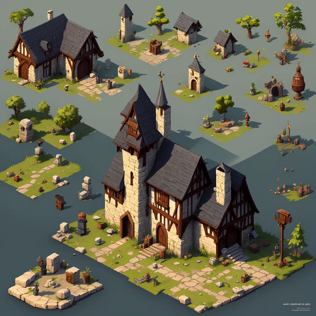 A imagem mostra uma coleção de ativos que poderiam ser usados em um jogo de RPG. Os ativos incluem uma variedade de edifícios, como uma casa, uma igreja e um moinho de vento. Há também uma variedade de adereços, como árvores, rochas e cercas. Os ativos são todos renderizados em um estilo de desenho animado e têm um visual acolhedor e convidativo.