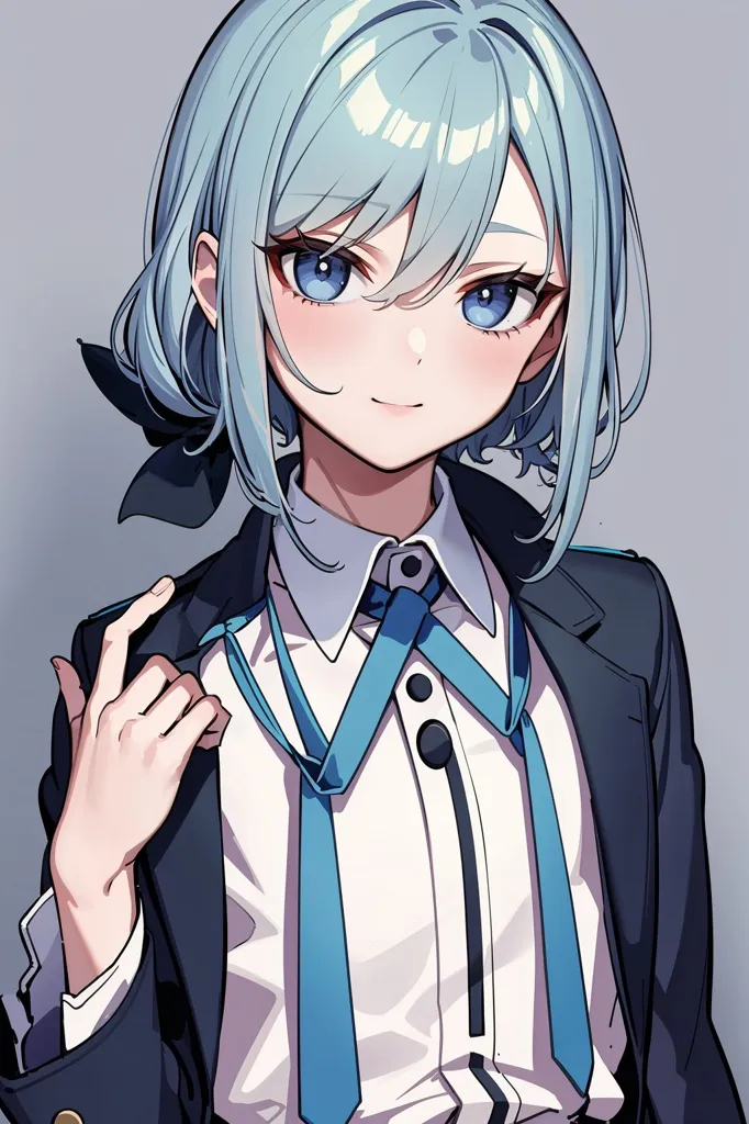 The image shows a young girl with short blue hair and blue eyes. She is wearing a white shirt, a blue tie, and a black blazer. She has a confident smile on her face and is pointing at the viewer with her right hand. She has a beauty mark under her left eye.