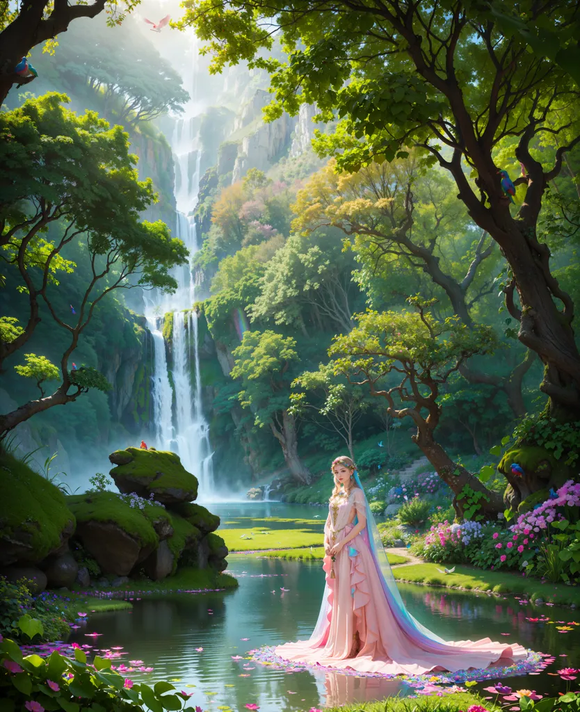 La imagen es de una hermosa mujer de pie en un bosque mágico. Lleva un vestido largo y fluido, y tiene el cabello largo y ondulado. El bosque está lleno de frondosos árboles verdes y flores. Hay una cascada al fondo y un río en primer plano. La mujer está de pie sobre una roca en medio del río. Está mirando la cascada. La imagen es muy pacífica y serena.