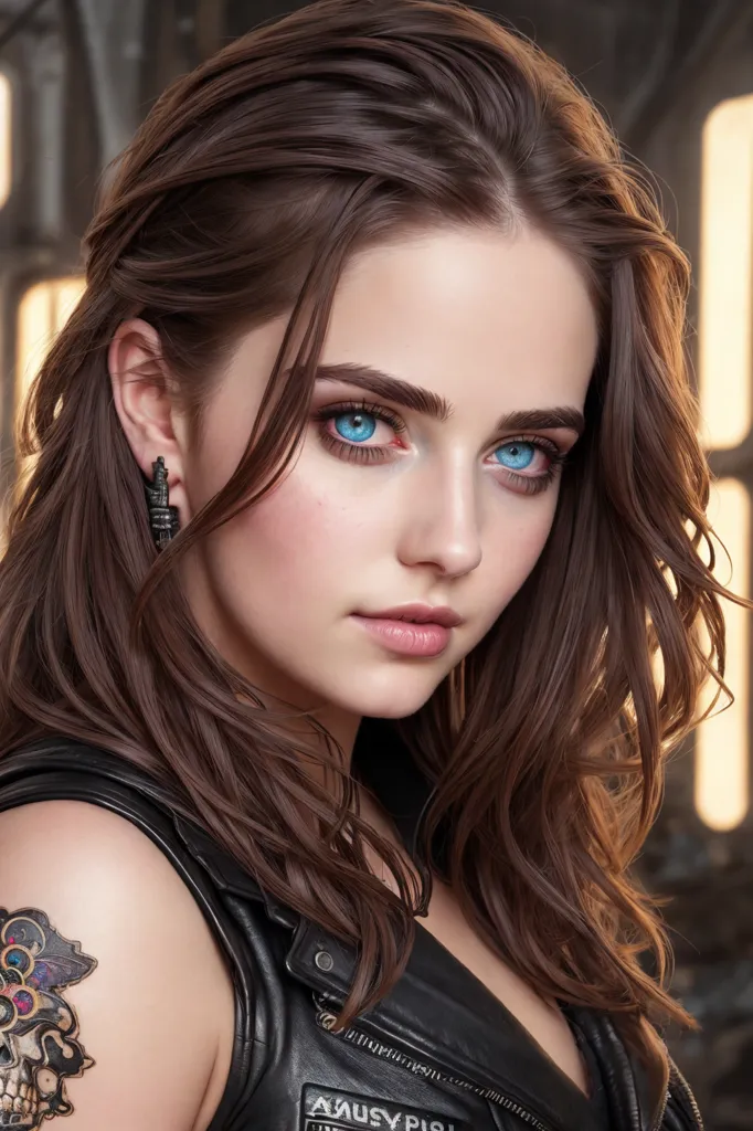 The image shows a young woman with long, wavy brown hair and blue eyes. She is wearing a black leather vest and has a tattoo on her right arm. The background is blurry and looks like a city at night. The woman is looking at the camera with a serious expression.