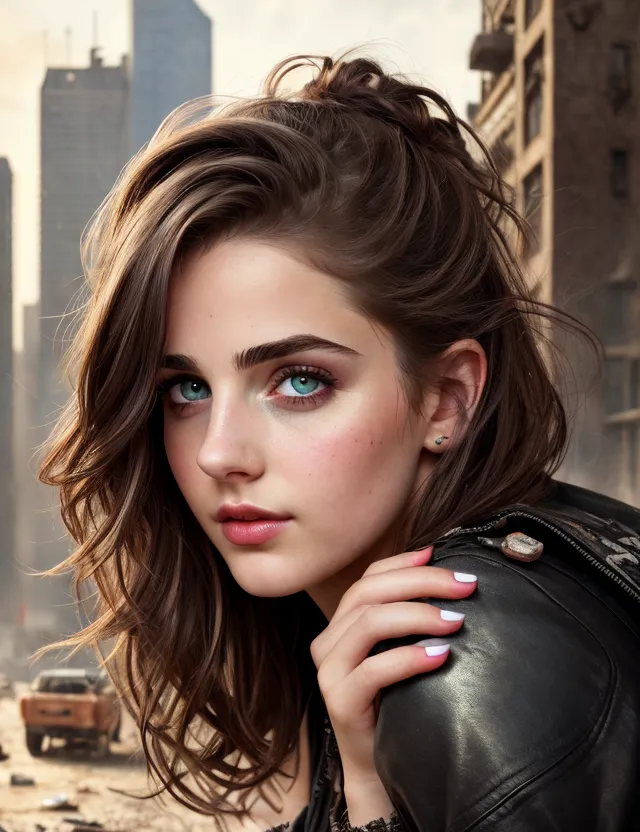 The image shows a young woman with long, wavy brown hair. Her eyes are a light blue color, and she has long, dark eyelashes. Her skin is fair and flawless. She is wearing a black leather jacket. The background is a destroyed city.