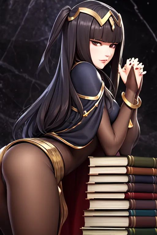 The image is of a young woman with long black hair and purple eyes. She is wearing a black and gold bodysuit with a plunging neckline and a high collar. She is also wearing black gloves and boots. She is leaning against a stack of books with a seductive expression on her face.