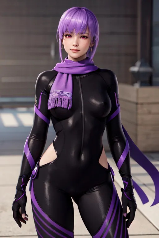 The image shows a woman wearing a black and purple bodysuit. The bodysuit has a high collar and a zipper in the front. There is a purple scarf around her neck and purple accents on the suit. She is also wearing black gloves and boots. The woman has purple hair and purple eyes. She is standing in a fighting stance.