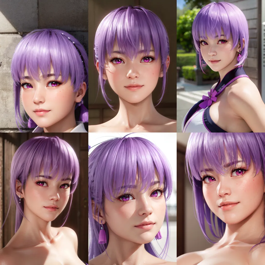 The image shows a young woman with purple hair and purple eyes. She is wearing a white tank top and has a purple bow in her hair. She is looking at the camera with a slight smile on her face. She has a beauty mark under her right eye.