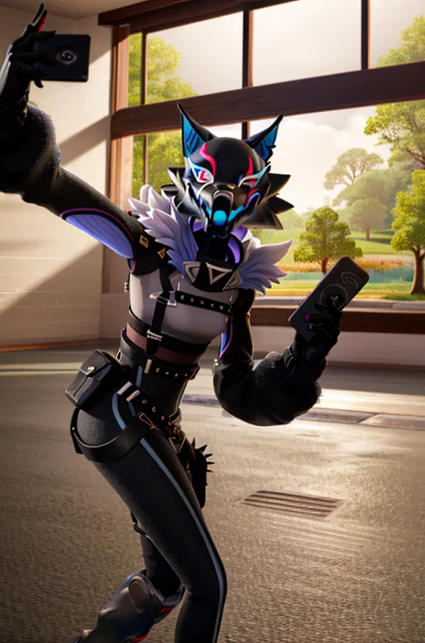 The image shows a person in a wolf mask taking a selfie. They are wearing a black and white outfit with blue and purple accents and have a phone in their hand. In the background, there is a window with a view of trees.