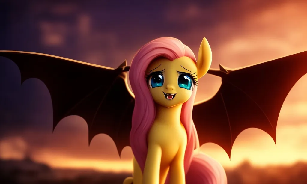 The image shows a pony with pink hair and yellow fur. It has bat wings and is smiling. The background is a sunset with clouds.