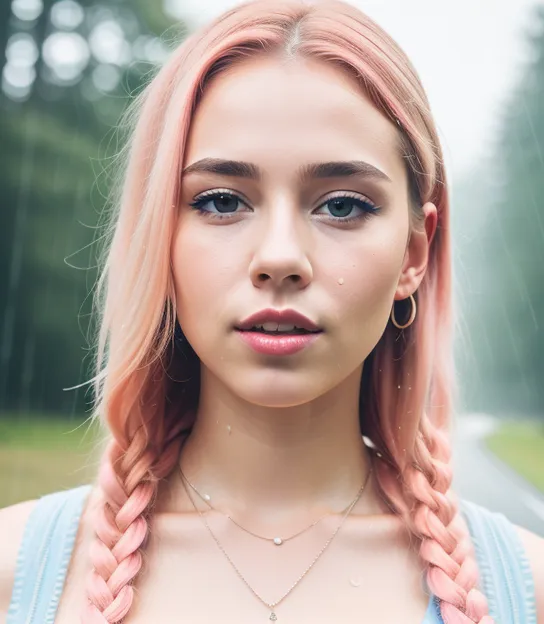 The image shows a young woman with pink hair. She is looking at the camera with a serious expression. Her hair is braided and she is wearing a light blue tank top. She has a necklace with a pendant on it. The background is blurred and looks like a forest.