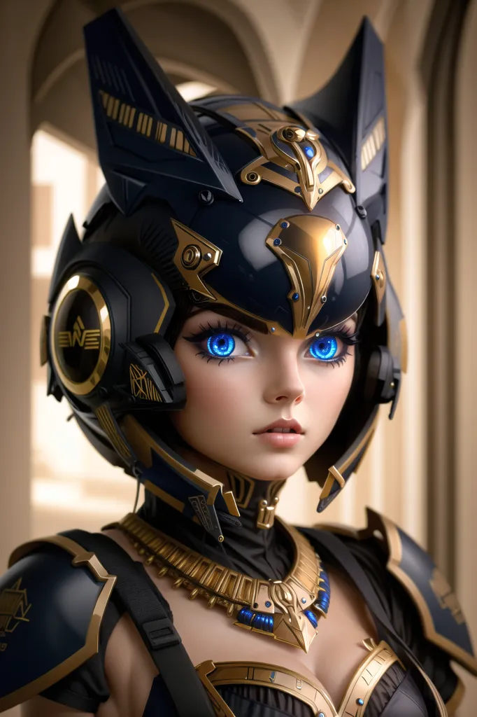 Ceci est une image d'une jeune femme portant un casque noir et doré avec des oreilles de chat. Le casque a des lumières bleues sur les côtés. Elle porte un collier et une tenue noire et dorée. Ses yeux sont bleus et sa peau est claire. Elle se tient devant un fond blanc.