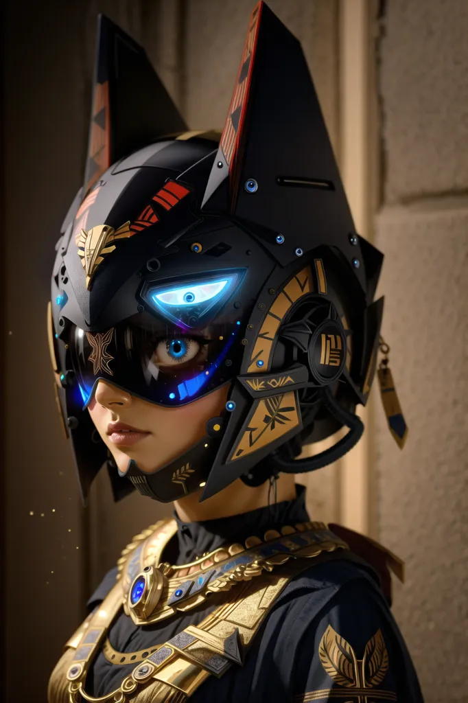 The image is of a young woman wearing an elaborate helmet that covers her head and face. The helmet has a black base with gold and red accents, and is shaped like the head of a cat, complete with pointed ears and a stylized cat-like face. The woman's eyes are visible through the helmet's eyeholes, and they are a deep blue color. She is also wearing a golden necklace and a black and gold outfit that covers her torso. The background of the image is a blur of brown and gray, suggesting that she is in some kind of building or structure.