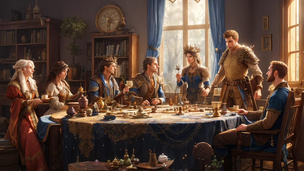 The image shows a group of people sitting around a table in a richly decorated room. There are five people in the group, four men and one woman. They are all wearing medieval-style clothing. The woman is sitting at the head of the table and is wearing a blue dress with a white surcoat. She has a crown on her head and is holding a flower. The men are all sitting on the sides of the table. They are all wearing tunics and hose. The men are all wearing swords. There is food and drink on the table. There is a large window in the background of the room. The window is covered in blue curtains. There is a bookshelf to the left of the window. The bookshelf is filled with books. There is a clock on the wall above the bookshelf. The clock is made of gold and has a large face.