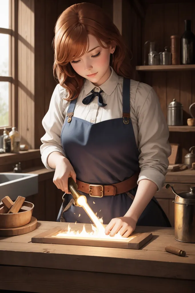 La imagen muestra a una mujer joven con una blusa blanca y un delantal azul trabajando en un taller de carpintería. Está usando un soplete para quemar un diseño en una tabla de madera. La mujer está concentrada en su trabajo. Tiene el cabello largo y rojo, y lleva un cinturón marrón. El fondo de la imagen es una pared de madera con una ventana y algunos estantes. En los estantes hay varios frascos y herramientas.