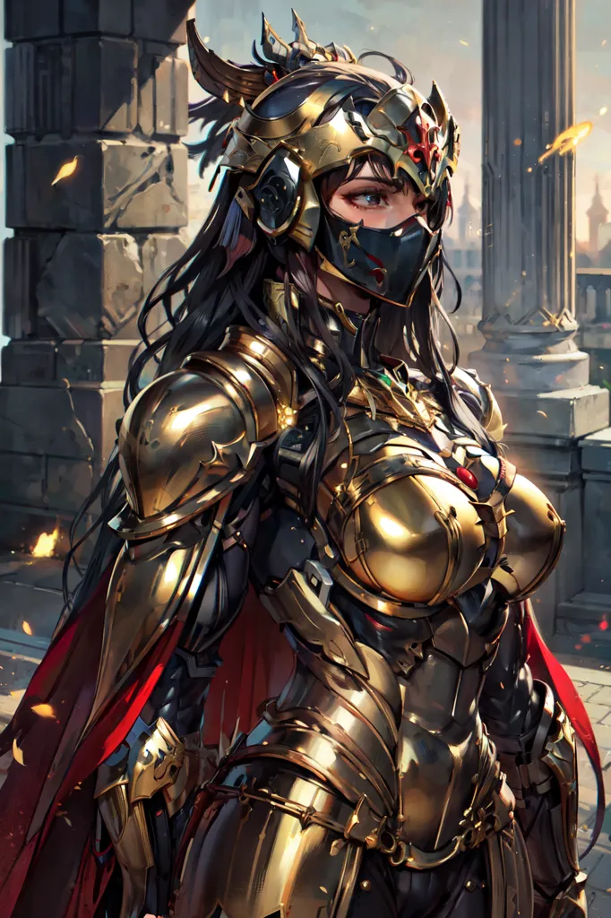 The image is of a woman in golden armor. She is wearing a helmet with a red plume, and her face is mostly obscured by a mask. She is also wearing a red cape. The background is of a stone wall with two columns.