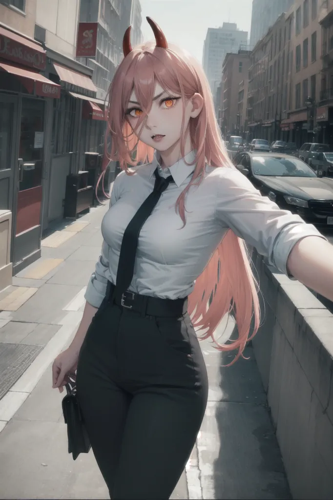 The image shows a young woman with pink hair and red horns wearing a white dress shirt and black pants. She is standing on a city street, with buildings and cars in the background. The woman has a confident expression on her face, and she is carrying a briefcase in her right hand.