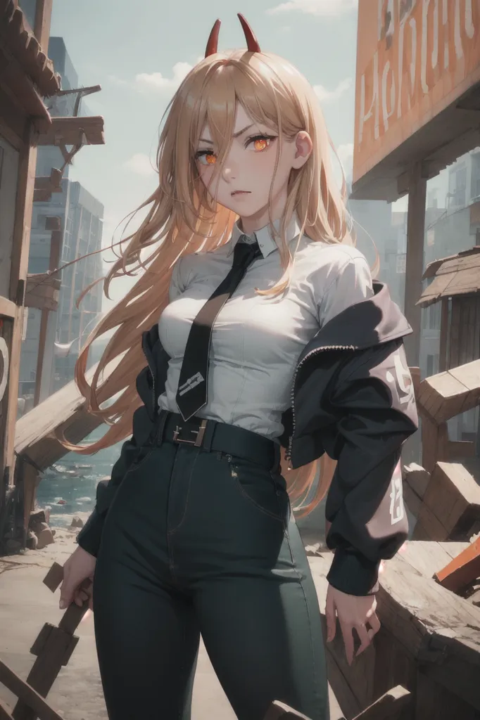 The image is an anime-style illustration of a young woman. She has long blonde hair, orange eyes, and devil horns. She is wearing a white shirt, black jacket, and dark green pants. She is standing in a destroyed city. There are ruins of buildings and debris all around her. The sky is cloudy and there is a hint of sunlight shining through the clouds.