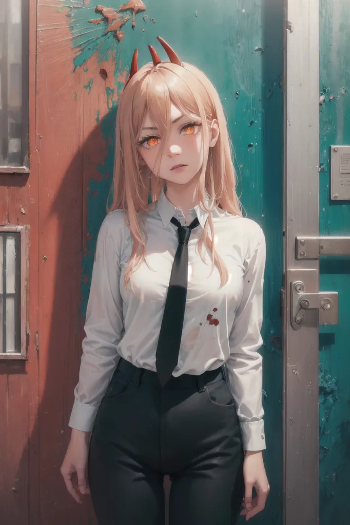 The image is of a young woman with long blond hair and red horns standing in front of a blue door. She is wearing a white dress shirt with a black tie and black pants. The door is made of metal and has a large red stain on it. The woman has a serious expression on her face and is looking at the camera.