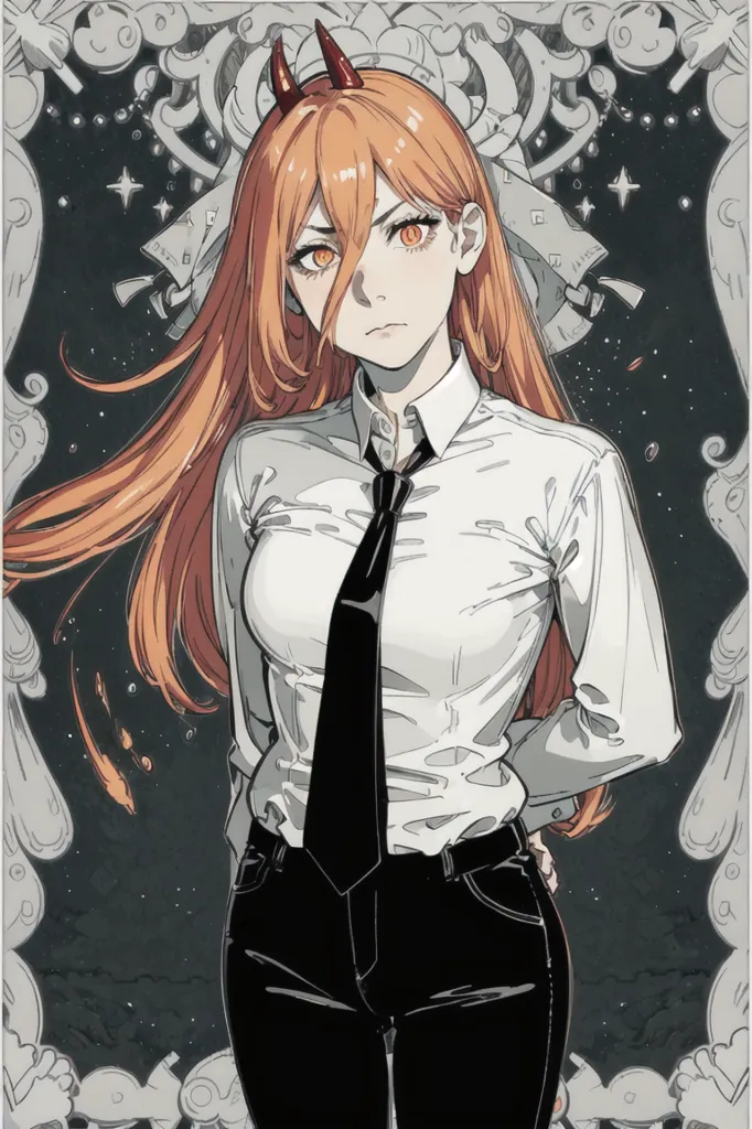 This is an image of a woman with orange hair and red horns. She is wearing a white dress shirt and black pants with a black tie. She has a serious expression on her face. She is standing in front of a dark background with a white frame around her.