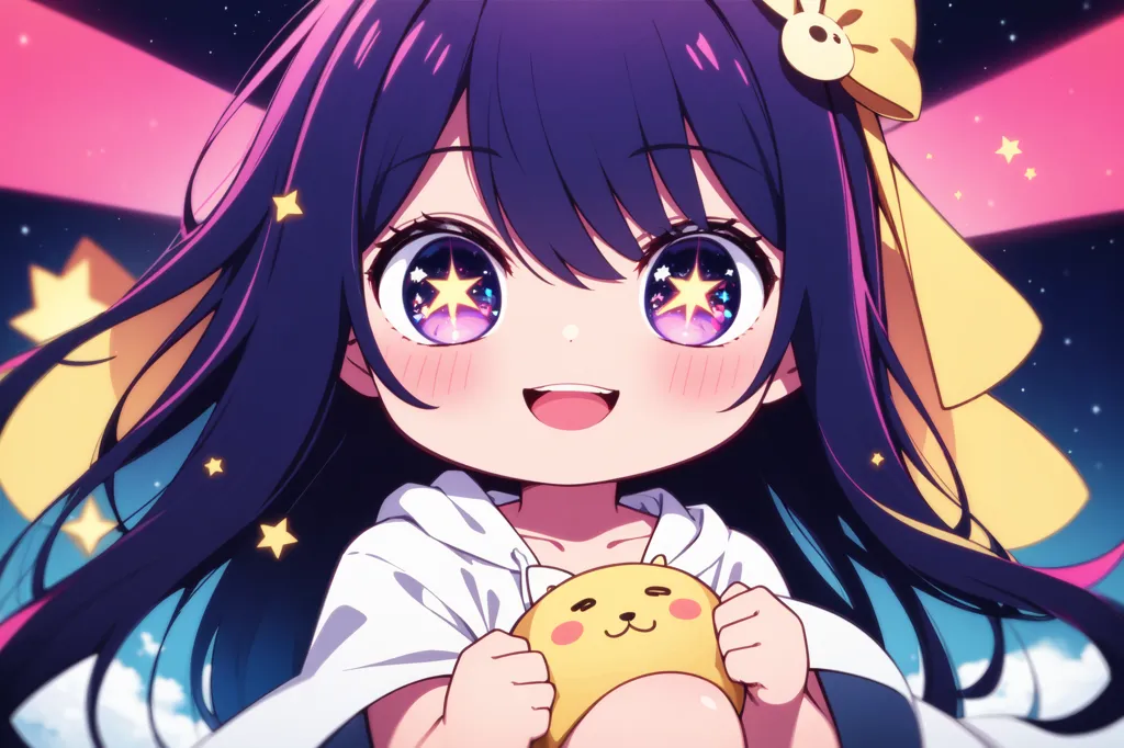 The image shows an anime-style girl with long purple hair and big purple eyes with stars in them. She is wearing a white hoodie and a yellow bow in her hair. She is smiling and holding a stuffed animal. There are stars and clouds in the background.