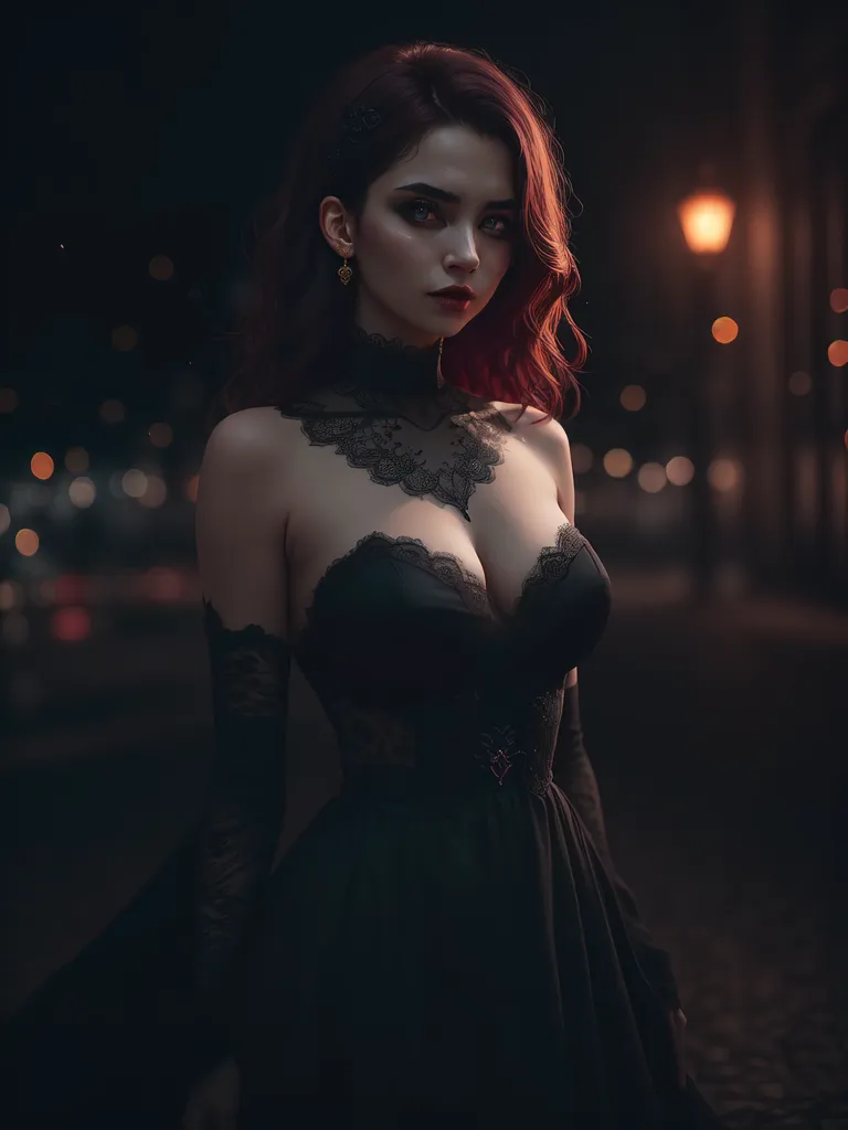 This is an image of a woman, probably a vampire, wearing a black dress with a sweetheart neckline. The dress has a lace overlay with scalloped edges, and there is a black choker with a gold clasp at the base of her throat. The woman has long red hair with a slight wave, and her eyes are a deep blue-green. Her skin is pale and flawless, and her lips are a soft pink. She is standing in front of a dark background, and there is a single light source on her right side.