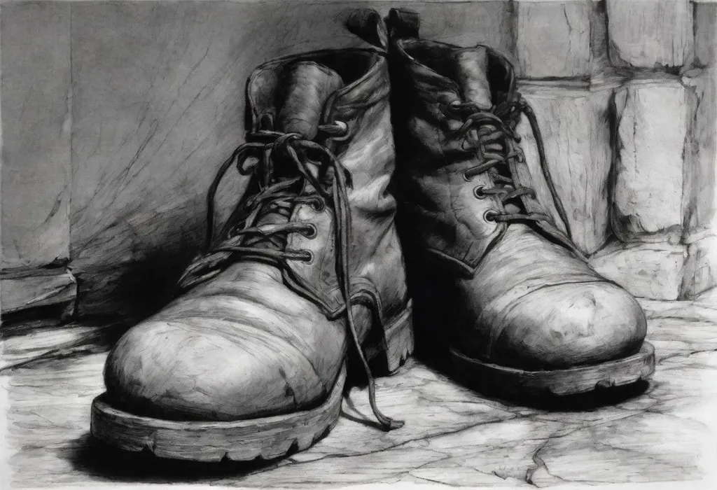 A pair of old leather boots are placed on a rough stone floor. The boots are worn and dirty, and the laces are untied. The boots are made of thick leather and have a high top. The soles of the boots are made of rubber and are worn down. The background of the image is a stone wall. The wall is old and has a rough texture. The image is in black and white.