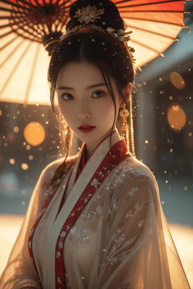 The image shows a young woman in a traditional Chinese dress. She is standing in a snowy forest, holding a red umbrella. The woman is wearing a white and red dress with a long flowing skirt. Her hair is long and black, and she is wearing a traditional Chinese hairstyle. The woman's face is pale and flawless, and her eyes are dark and almond-shaped. She is wearing red lipstick and has a small red dot on her forehead. The woman is standing in a graceful pose, and she looks like a仙女 (celestial being).