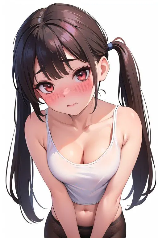 This is an image of an anime girl with brown hair and brown eyes. She is wearing a white tank top and black pantyhose. She has a shy expression on her face and is looking at the viewer with a slight blush on her cheeks.