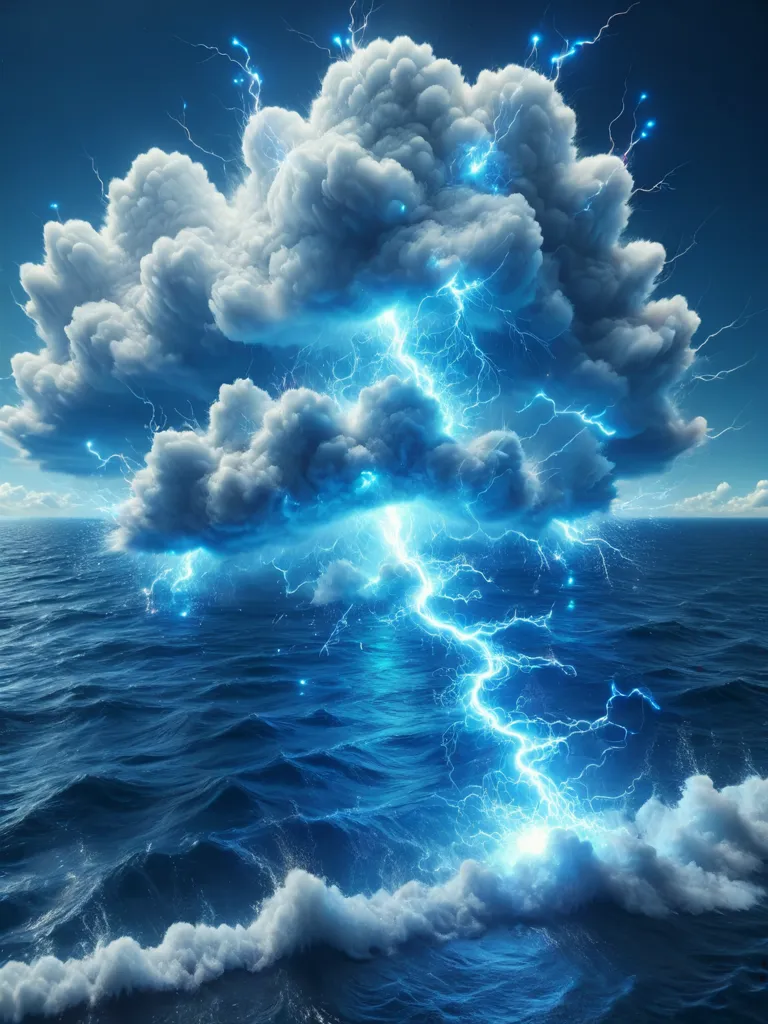 The image shows a stormy sea with a large, dark cloud hanging low over the water. The cloud is lit up by a bolt of lightning that is striking the water. The waves are choppy and whitecaps are visible. The storm is likely to cause damage to any ships that are caught in it.