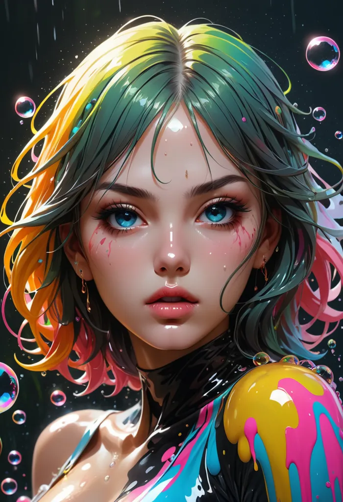 (anime:1.5) liquid environment, splashes, drips, colorful bubbles, beautiful girl, seductive, poster quality, sublime art, intricate and suggestive, (highres, highly detailed:1.2), cinematic lighting, vibrant colors