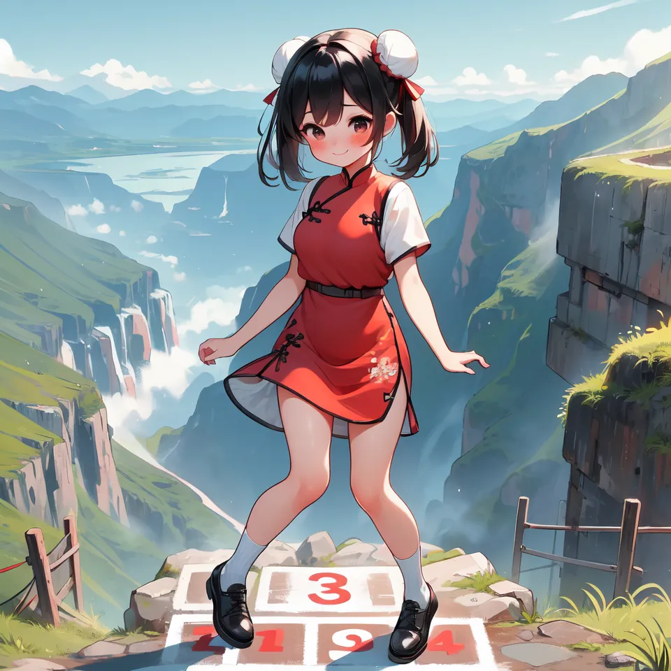 An anime girl with black hair and red eyes is standing on a cliff. She is wearing a red and white dress and black shoes. The background is a mountain landscape with a river running through it. The girl is smiling and has her arms outstretched.