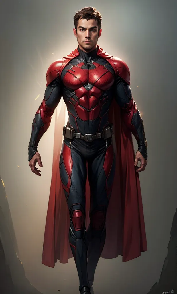 The image shows a superhero wearing a red and black suit. The superhero is standing with his cape flowing behind him. He has a confident expression on his face. The background is a dark color with a bright light shining down on the superhero.