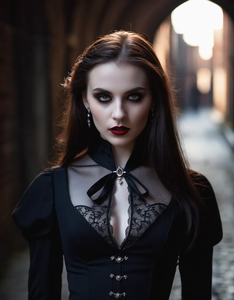 This is a picture of a beautiful young woman, with long dark hair and pale skin. She is wearing a black dress with a white collar. The dress is low-cut, and shows off her cleavage. She is also wearing a black necklace with a red jewel in the center. Her makeup is dark and dramatic, with smoky eyes and red lipstick. She is standing in a dark alleyway, and the light from the street lamp is casting shadows across her face.