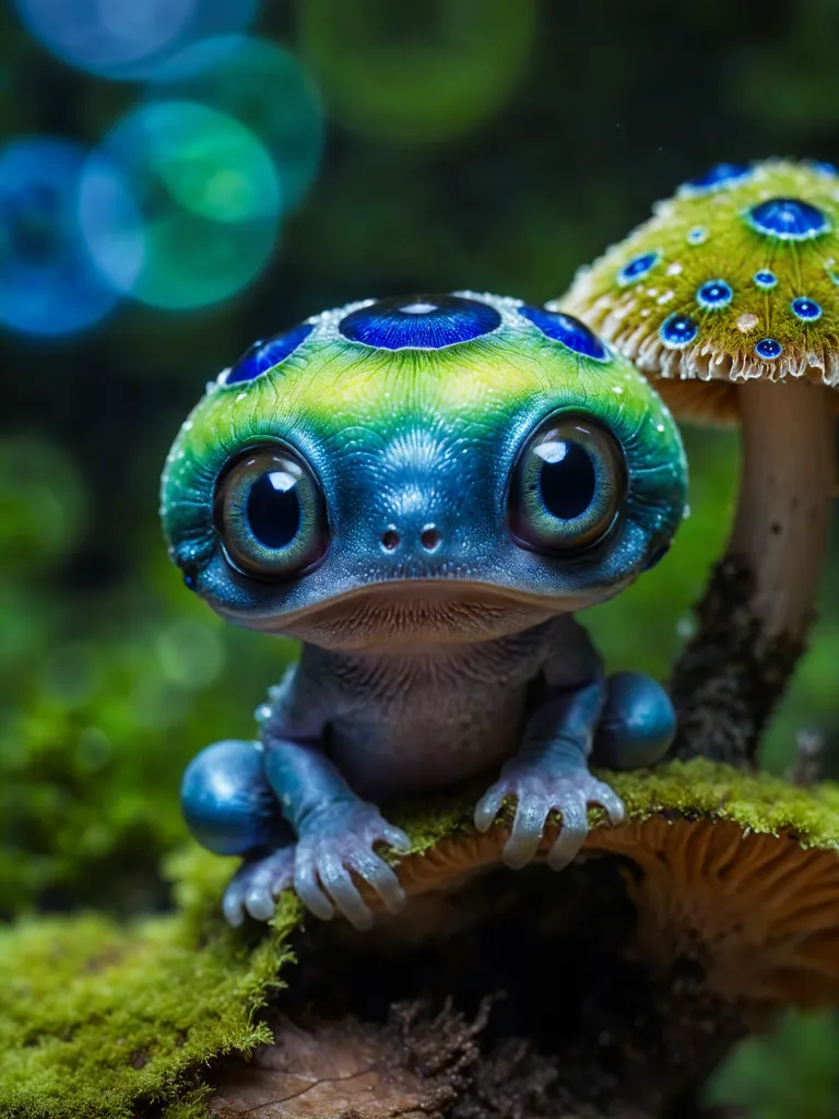 The image is of a small, blue and green frog-like creature with large, blue eyes and a yellow belly. It is sitting on a mushroom in a forest. The creature is surrounded by green moss and other mushrooms. The background is a blur of green and blue. The image is very detailed and realistic.