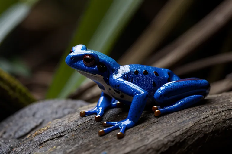 This is a blue frog. It is sitting on a rock in the middle of a rainforest. The frog has bright blue skin with black spots. Its eyes are red and it has a yellow belly. The frog is surrounded by green leaves and plants. The background is a dark blue color.