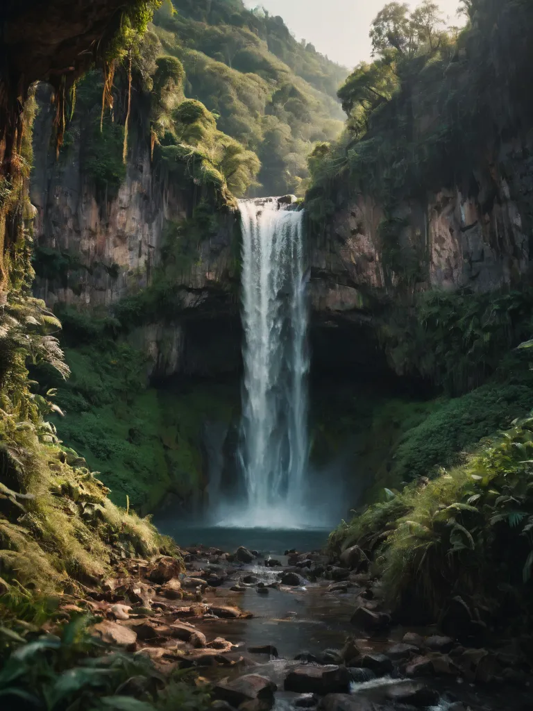 The waterfall is cascading down from a height of several hundred feet. The water is white and foamy, and it crashes against the rocks below with a thunderous roar. The waterfall is surrounded by a lush green jungle, and the air is filled with the sound of birdsong and the smell of fresh flowers. The waterfall is a beautiful and awe-inspiring sight, and it is a reminder of the power of nature.