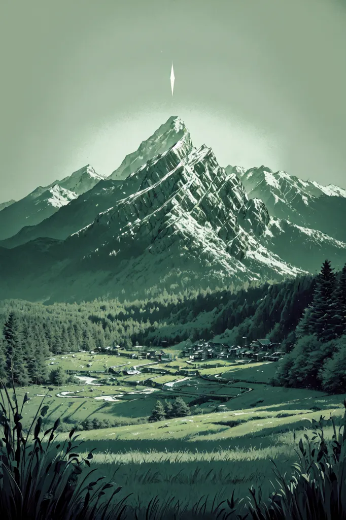 The image is of a mountain valley. The valley is surrounded by snow-capped mountains. The mountains are green and lush. There is a village in the valley. The village is surrounded by trees. There is a river running through the valley. The river is green and blue. There is a waterfall in the distance. The waterfall is white and foamy. The sky is green and cloudy.