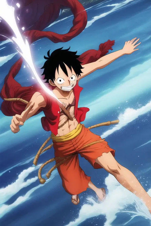 A imagem mostra Monkey D. Luffy, o protagonista da série de anime One Piece. Ele está em pé no mar, com um sorriso determinado no rosto. Ele está usando seu colete vermelho e chapéu de palha característicos. Seu braço esquerdo está esticado e ele está segurando um pedaço de carne em sua mão direita. O fundo é um vasto oceano, com ondas quebrando na praia. O céu está azul e há algumas nuvens ao fundo.