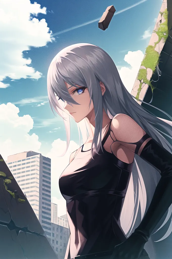 The image is a painting of a young woman with long white hair and blue eyes. She is wearing a black dress with a white collar. The background is a ruined city with a large building in the distance. The sky is blue with some clouds and a couple pieces of debris falling. The woman is standing on a broken piece of concrete. She has a serious expression on her face.