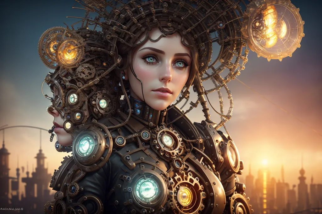 The image is a portrait of a steampunk woman. She has brown hair and blue eyes, and she is wearing a steampunk-style outfit. The outfit is made of metal and leather, and it is decorated with gears and other steampunk accessories. The woman is also wearing a steampunk-style hat, and she has a steampunk-style gun in her hand. The background of the image is a cityscape, and it is filled with steampunk-style buildings and vehicles.