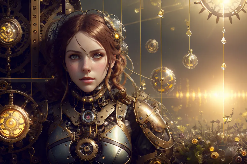 This is an image of a steampunk woman. She is standing in front of a large clockwork device. The woman is wearing a brown leather corset and a skirt made of gears. She has a clockwork arm and leg, and her hair is styled in a bun. The woman's face is beautiful, with a strong jawline and high cheekbones. Her eyes are a deep brown, and her lips are full and pouty. The woman is standing in a confident pose, and she looks like she is ready to take on anything.