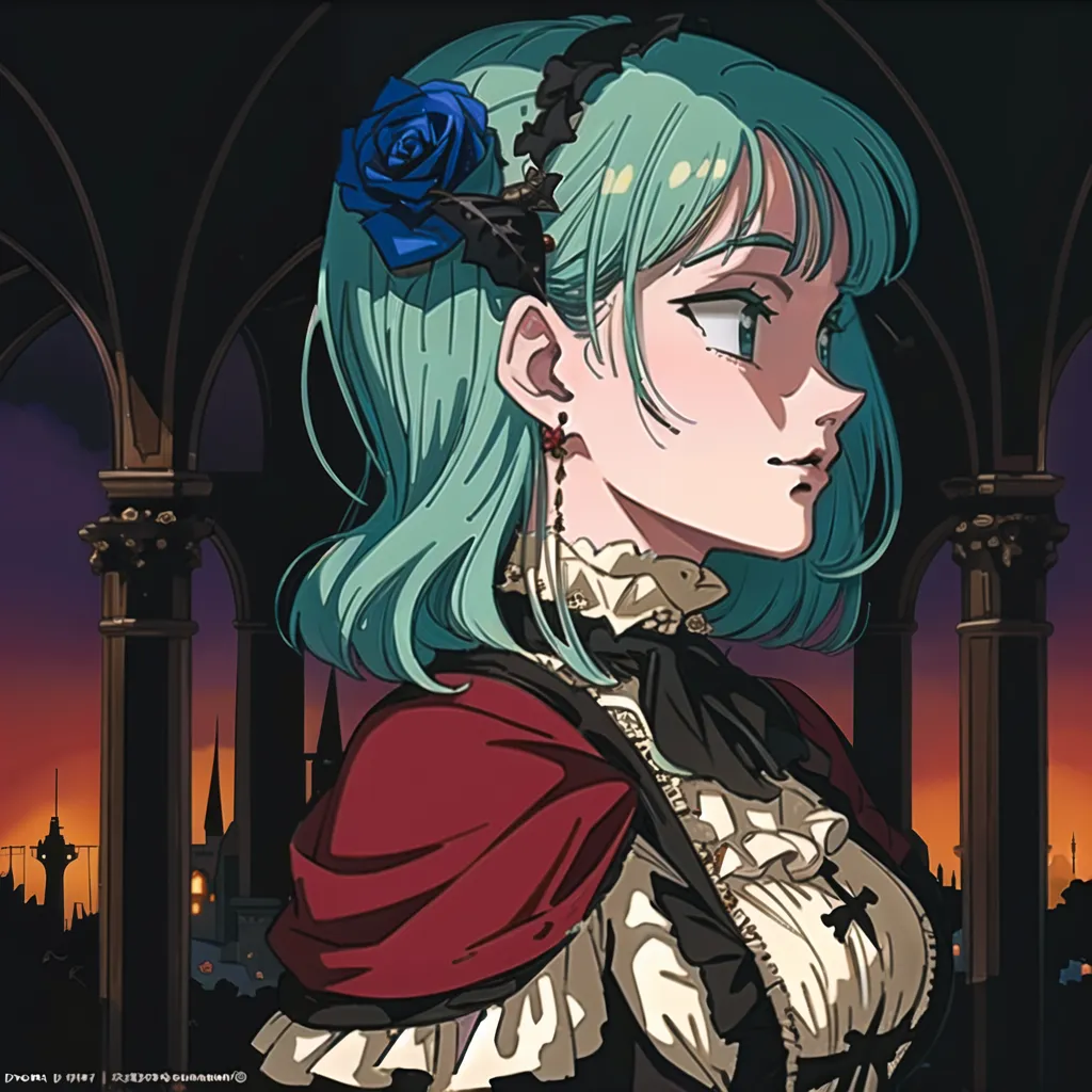 The image is a portrait of a young woman with green hair and blue eyes. She is wearing a red and black dress with a white collar. There is a blue rose in her hair. The background is a dark cityscape with a clock tower in the distance. The woman's expression is serious and thoughtful.