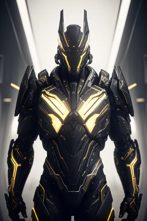 The image is a dark and mysterious figure standing in a futuristic setting. The figure is wearing a suit of black and gold armor that covers its entire body. The armor is sleek and form-fitting, and it appears to be made of some kind of advanced technology. The figure's helmet is also black and gold, and it has a visor that covers its eyes. The figure is standing in a dark hallway, and there is a bright light shining behind it. The light is casting shadows across the figure's body, and it is making the armor look even more mysterious. The figure is also holding a weapon of some kind, and it appears to be ready for battle.