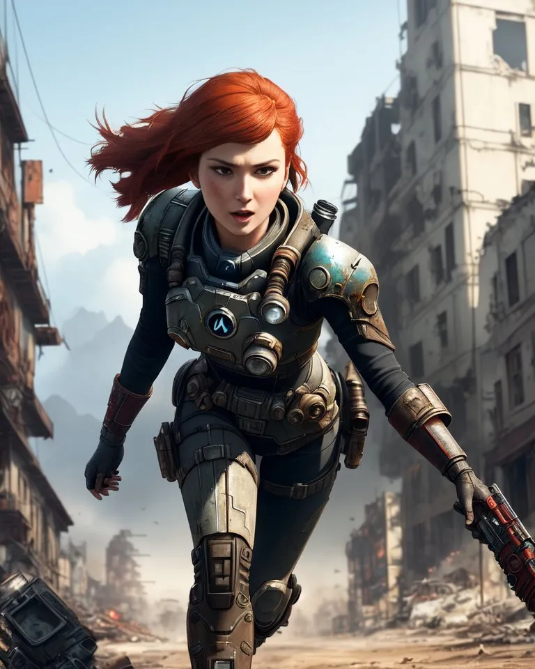 This is an image of a young woman, possibly in her 20s, with bright red hair and green eyes. She is wearing a futuristic suit of armor that looks like it is made of metal and has a blue light on the chest. She is also wearing a helmet with a visor. She is standing in a destroyed city, with rubble and debris all around her. There are also large buildings in the background. The woman looks like she is ready for battle, and she is carrying a gun.