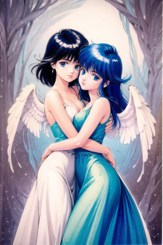 The image is of two beautiful women with long, flowing hair. The woman on the left has black hair and blue eyes, while the woman on the right has blue hair and blue eyes. They are both wearing white dresses and have their arms wrapped around each other. They are standing in front of a white background with a large tree behind them. The image is drawn in a realistic style and the colors are vibrant and bright.