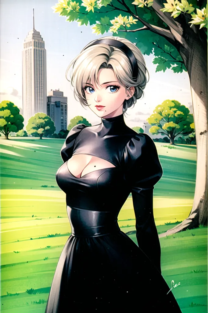 The image is a digital painting of a young woman standing in a park. She is wearing a black dress with a high collar and a white headband. Her hair is short and blonde, and her eyes are blue. She is standing in a field of green grass, with a large tree behind her. There is a tall building in the background. The image is in a realistic style, and the artist has used a variety of techniques to create a sense of depth and realism.