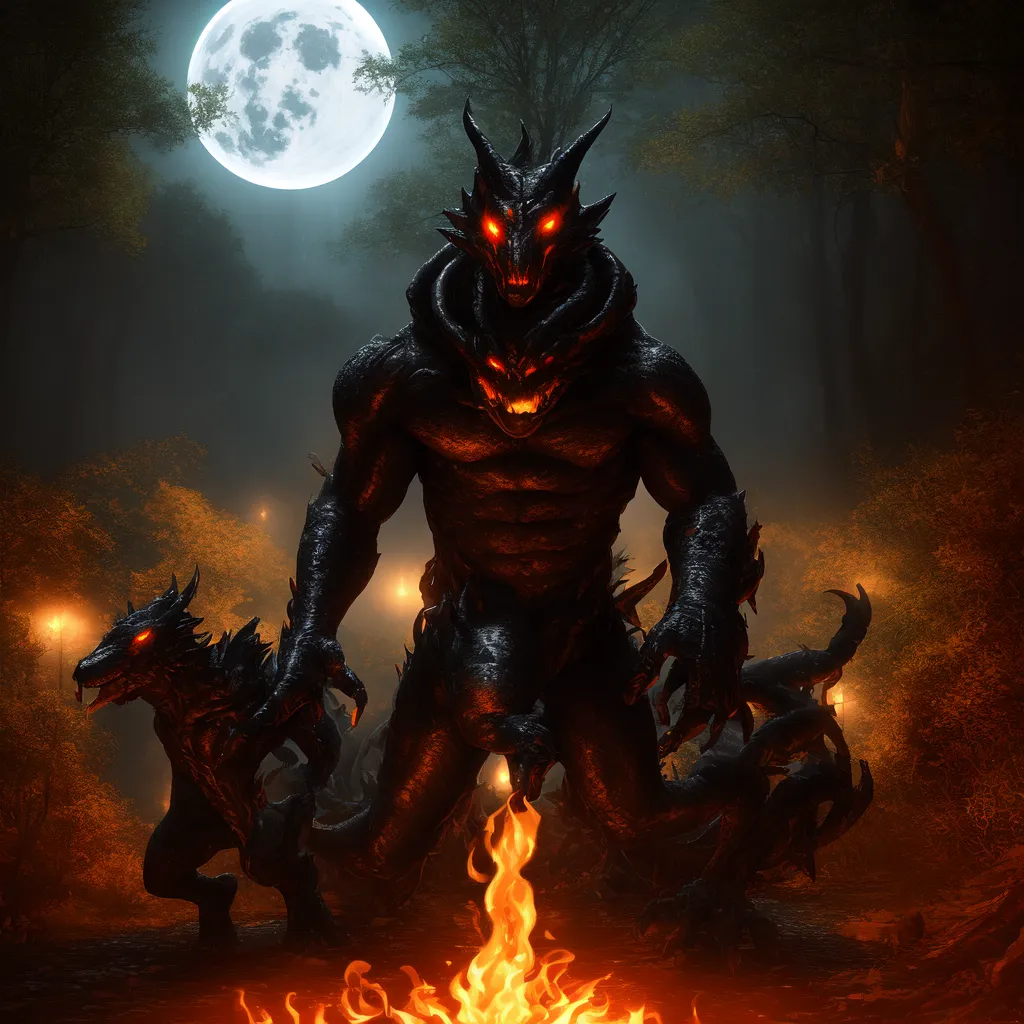 The image is a dark fantasy illustration of a massive, muscular demon standing in a forest. The demon is black-skinned with glowing red eyes and sharp teeth. It has four arms, two of which are holding a massive two-handed sword, and the other two are outstretched in front of it. The demon is surrounded by a pack of smaller demons, all of which are snarling and baring their teeth. The background of the image is a dark forest, with a large moon hanging in the sky. The forest is filled with dead trees and twisted branches, and the ground is covered in a thick layer of leaves. The image is dark and atmospheric, and it evokes a sense of fear and foreboding.