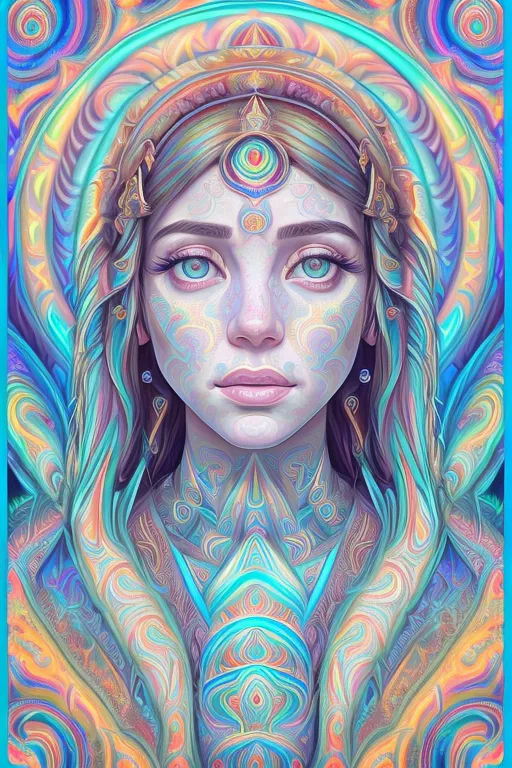 Esta imagem é uma representação do rosto de uma mulher. Ela tem olhos azuis e cabelos longos e ondulados. Seu rosto está coberto por padrões e designs intrincados, e ela está usando um cocar que também é coberto por padrões. O fundo da imagem é um gradiente azul e roxo, e há uma moldura em torno da imagem que é composta por padrões coloridos e psicodélicos.