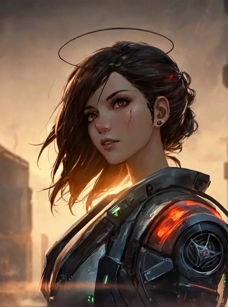 This is an image of a young woman, with short brown hair, and brown eyes. She has a halo above her head, and is wearing a black and orange armored suit. The background is a blurred out city.